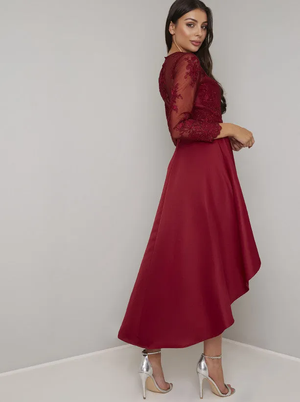 Lace Long Sleeved Dip Hem Midi Dress in Red sold by Chi Chi London product image thumbnail 2
