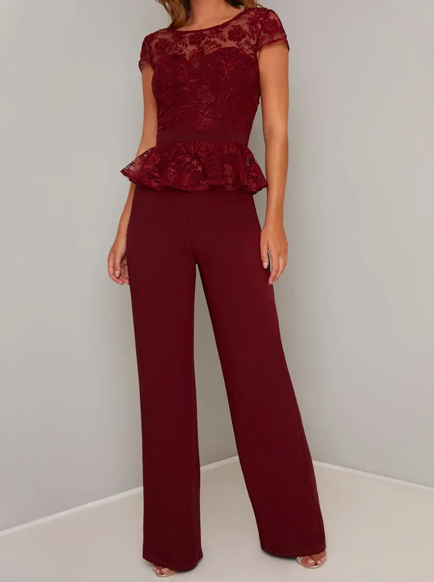 Cap Sleeved Lace Peplum Wide Leg Jumpsuit in Red sold by Chi Chi London product image thumbnail 3