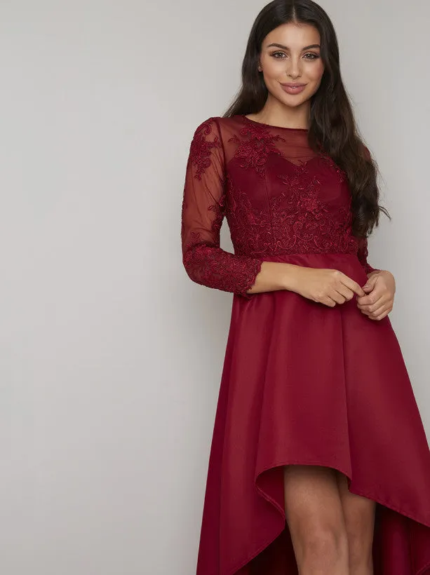 Lace Long Sleeved Dip Hem Midi Dress in Red sold by Chi Chi London product image thumbnail 3
