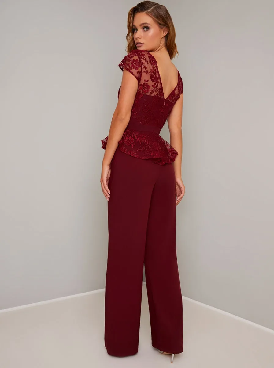 Cap Sleeved Lace Peplum Wide Leg Jumpsuit in Red sold by Chi Chi London product image thumbnail 4