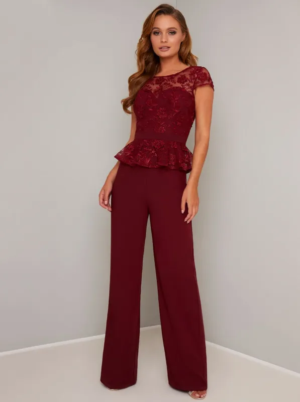 Cap Sleeved Lace Peplum Wide Leg Jumpsuit in Red sold by Chi Chi London