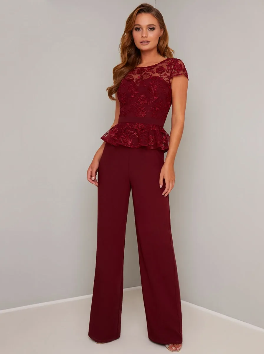 Cap Sleeved Lace Peplum Wide Leg Jumpsuit in Red sold by Chi Chi London