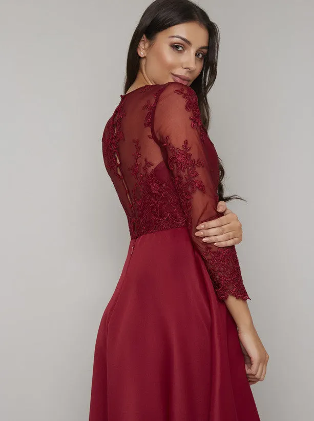 Lace Long Sleeved Dip Hem Midi Dress in Red sold by Chi Chi London product image thumbnail 4