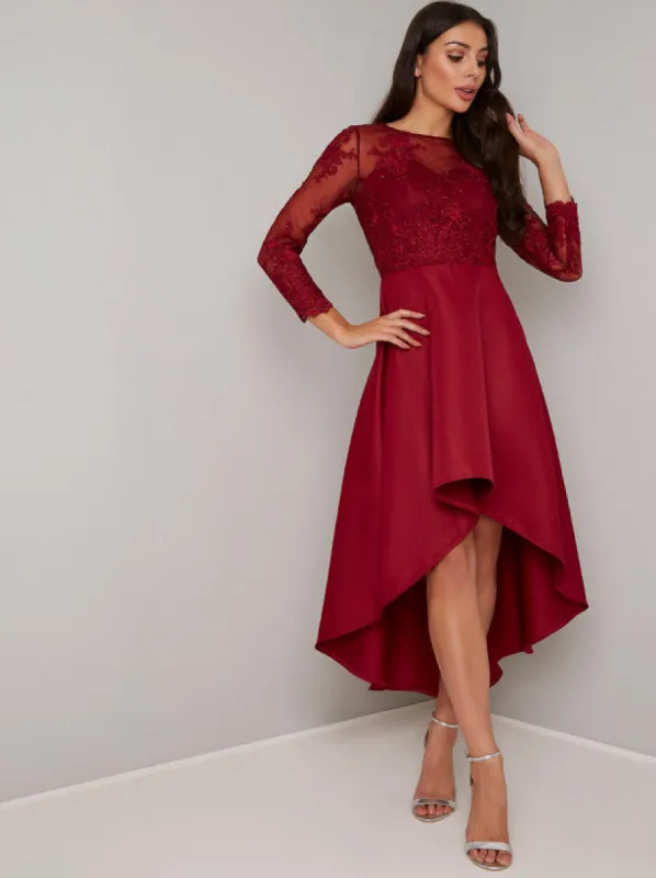 Lace Long Sleeved Dip Hem Midi Dress in Red made by Chi Chi London