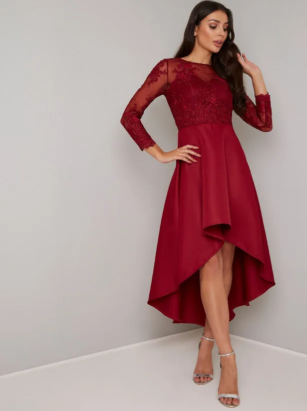 Lace Long Sleeved Dip Hem Midi Dress in Red sold by Chi Chi London
