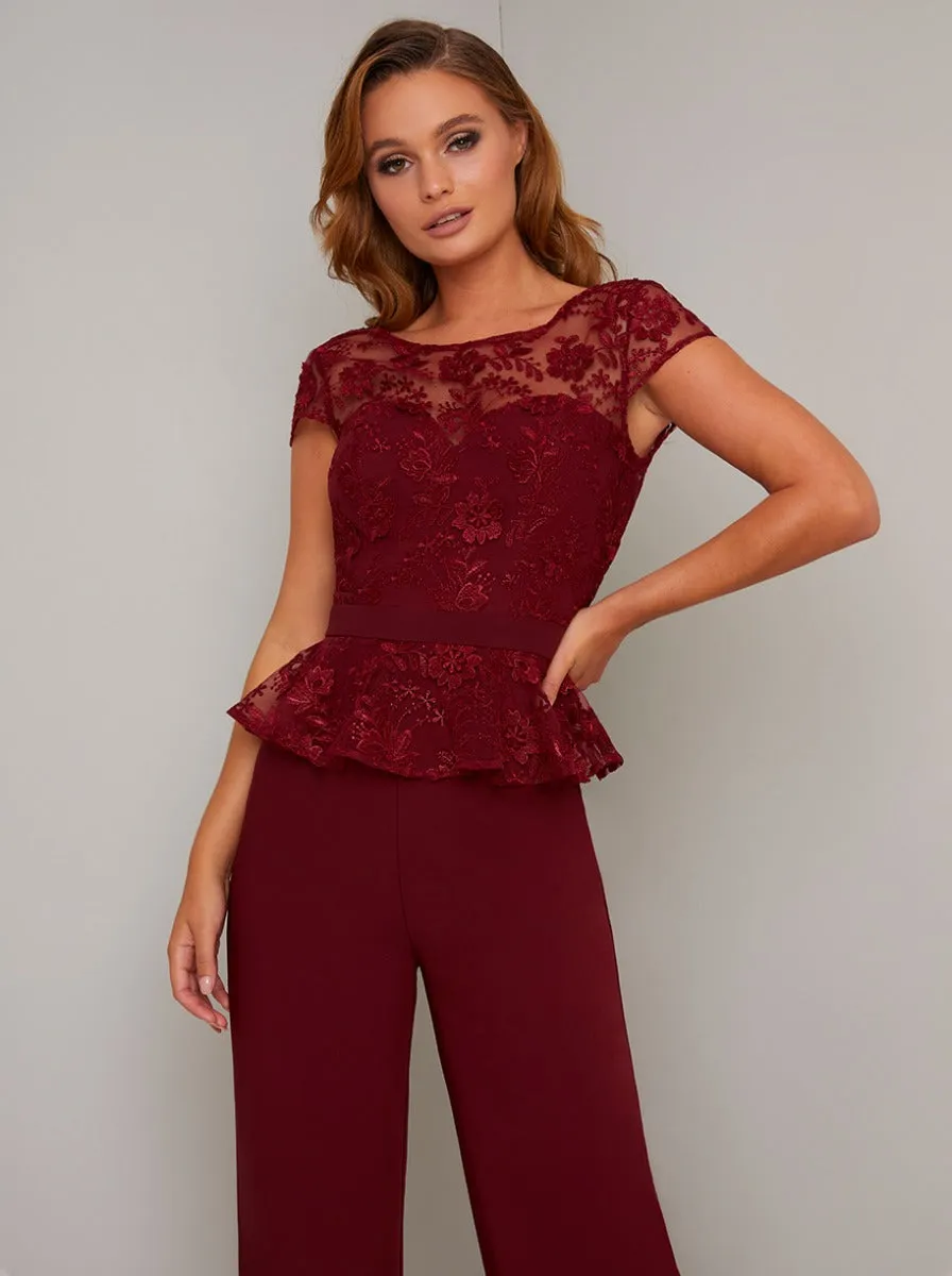 Cap Sleeved Lace Peplum Wide Leg Jumpsuit in Red sold by Chi Chi London product image thumbnail 2