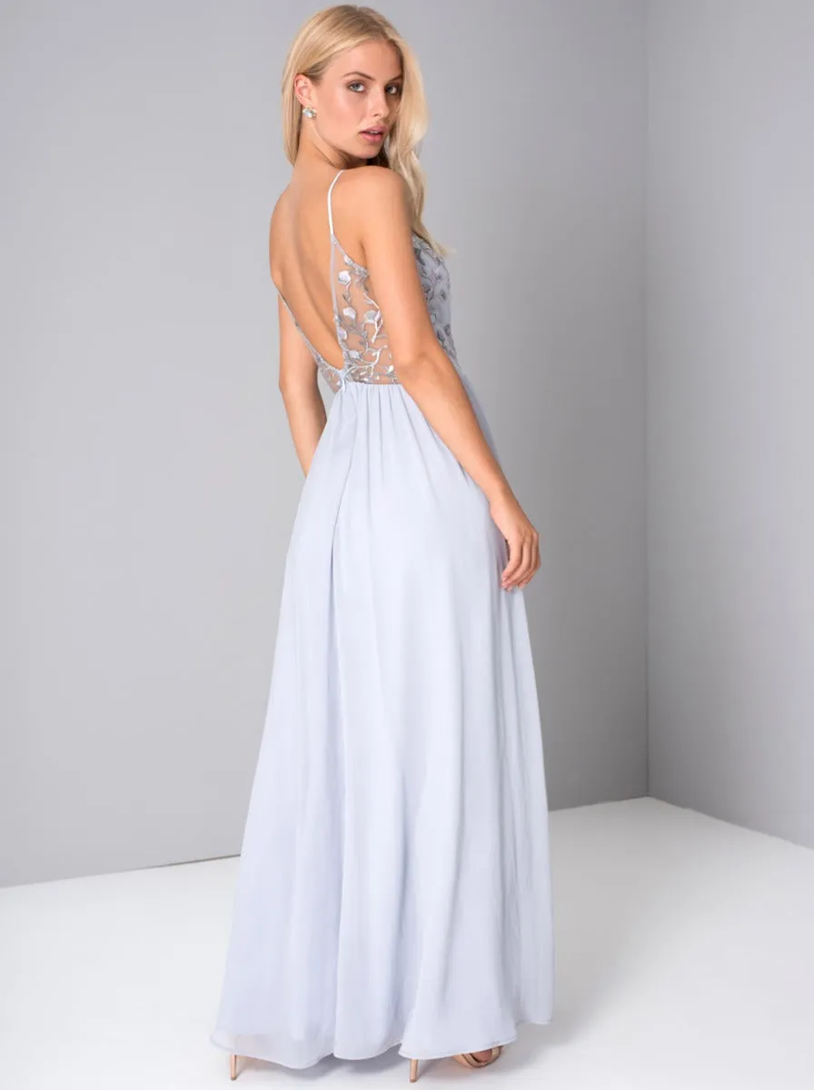 Embroidered Sheer Backless Maxi Dress in Purple sold by Chi Chi London product image thumbnail 4