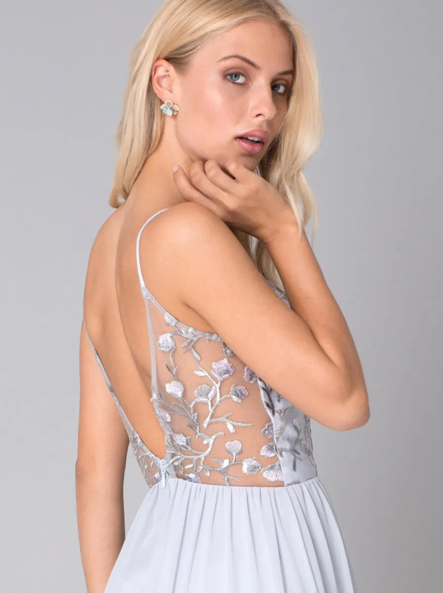 Embroidered Sheer Backless Maxi Dress in Purple sold by Chi Chi London