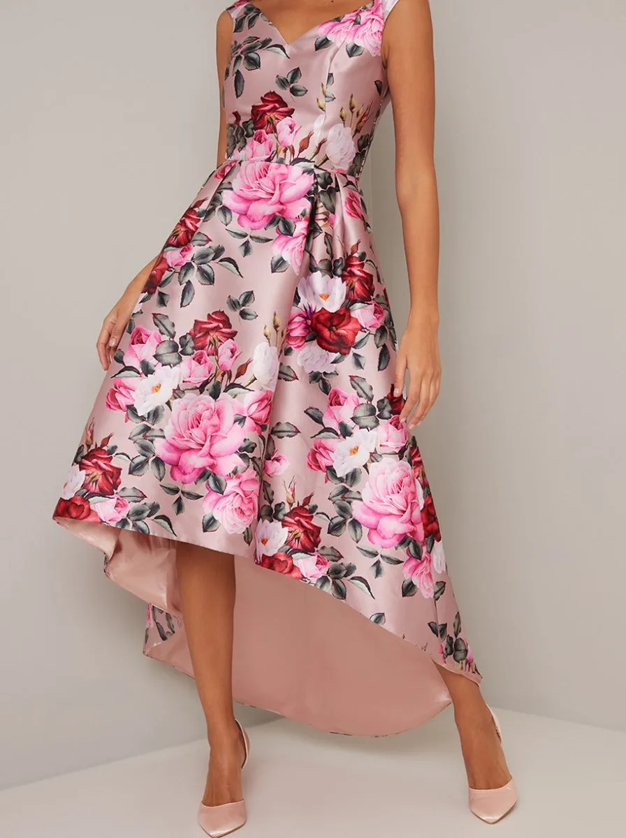 V Neck Floral Print Pleat Dip Hem Midi Dress in Brown sold by Chi Chi London product image thumbnail 4