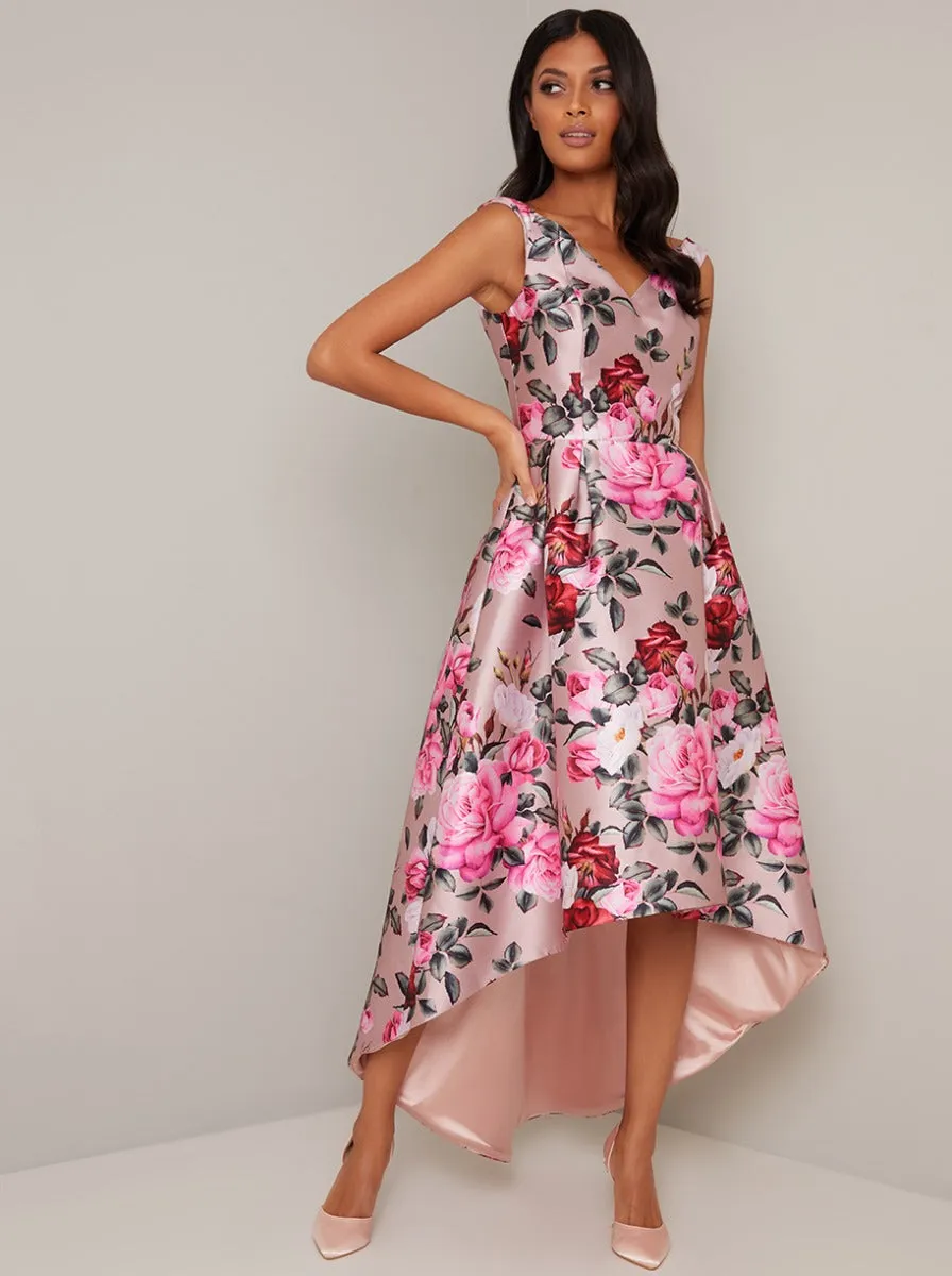 V Neck Floral Print Pleat Dip Hem Midi Dress in Brown sold by Chi Chi London