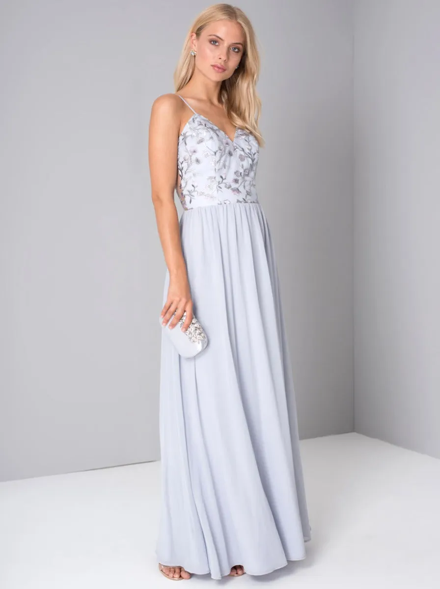 Embroidered Sheer Backless Maxi Dress in Purple sold by Chi Chi London product image thumbnail 2