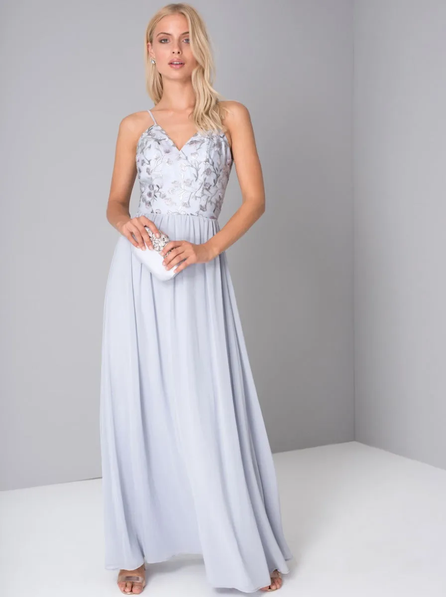 Embroidered Sheer Backless Maxi Dress in Purple sold by Chi Chi London product image thumbnail 3