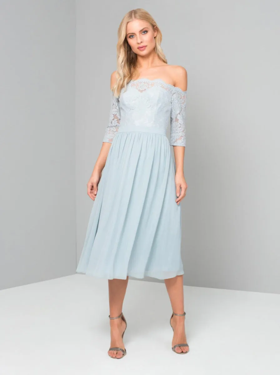 Lace Bardot Midi Dress in Blue sold by Chi Chi London product image thumbnail 4