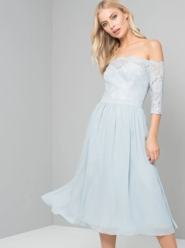 Lace Bardot Midi Dress in Blue sold by Chi Chi London