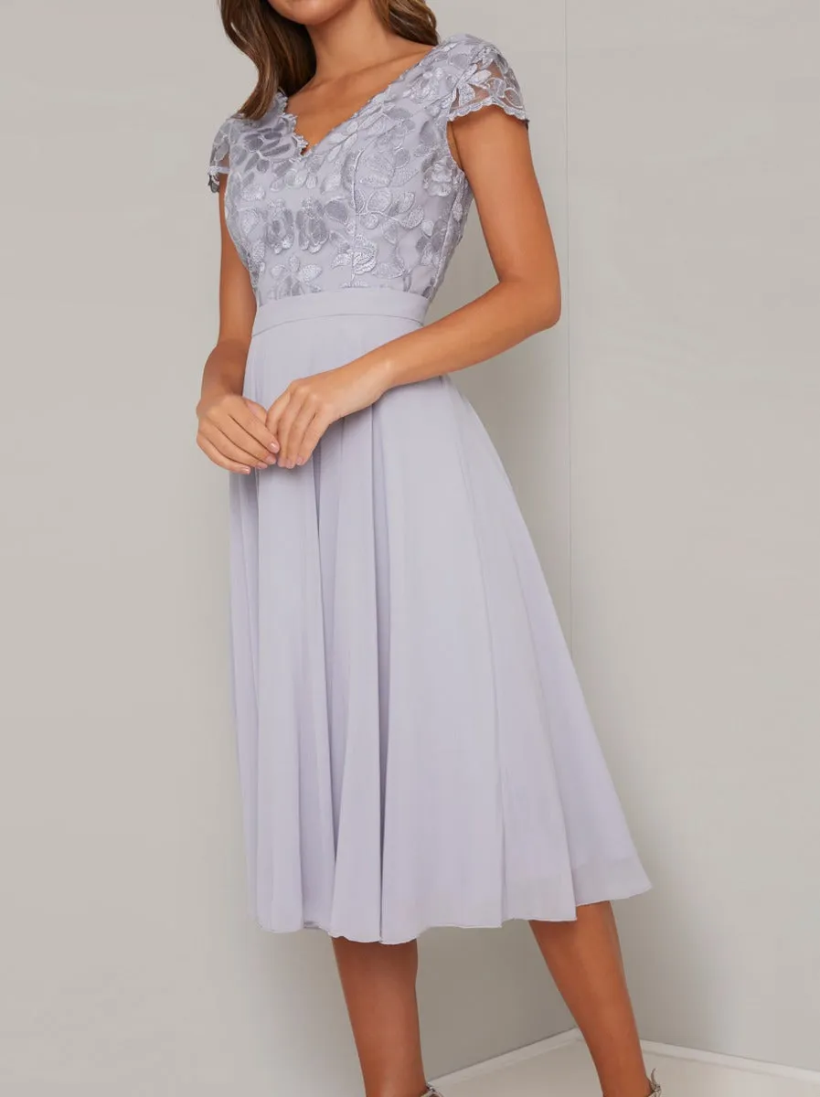 Embroidered Cap Sleeved Chiffon Midi Dress in Blue sold by Chi Chi London product image thumbnail 3