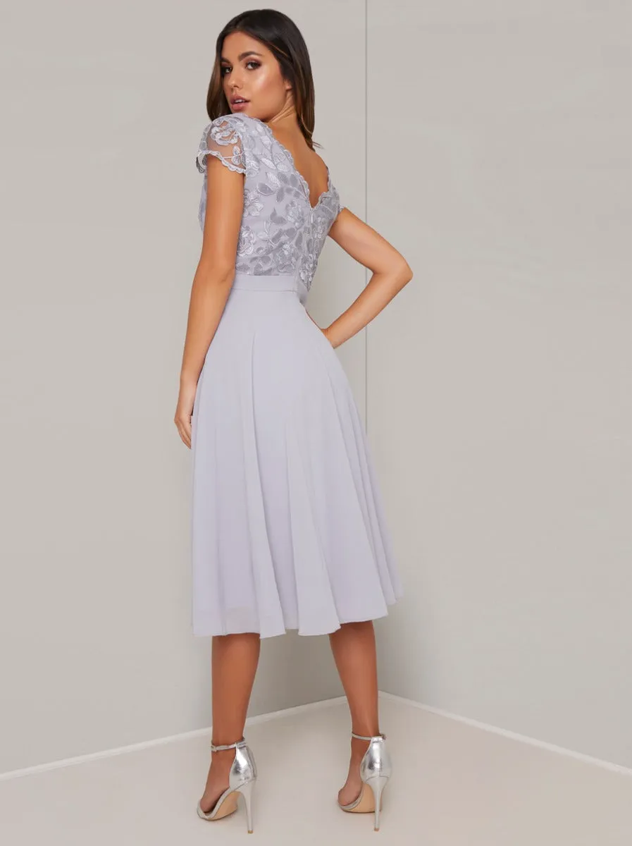Embroidered Cap Sleeved Chiffon Midi Dress in Blue sold by Chi Chi London product image thumbnail 4