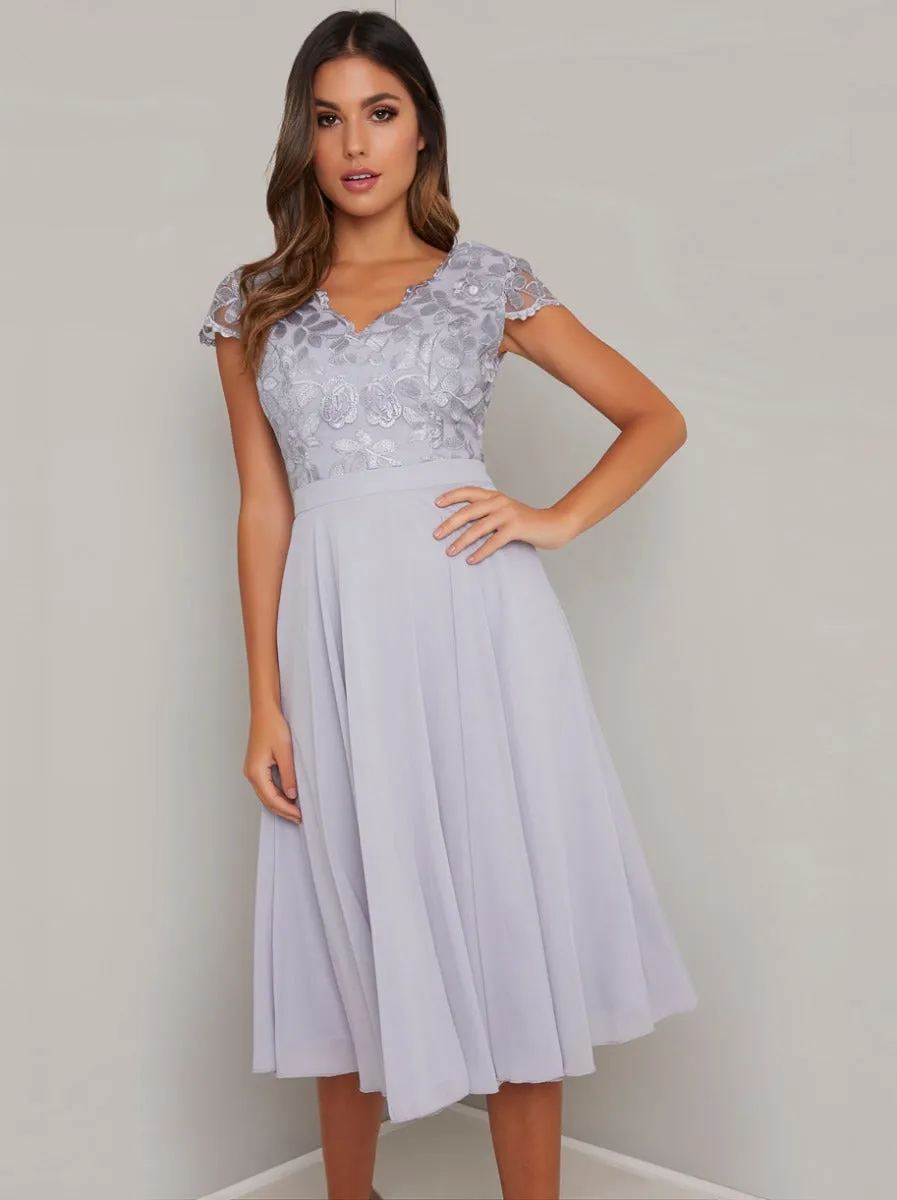 Embroidered Cap Sleeved Chiffon Midi Dress in Blue sold by Chi Chi London product image thumbnail 2