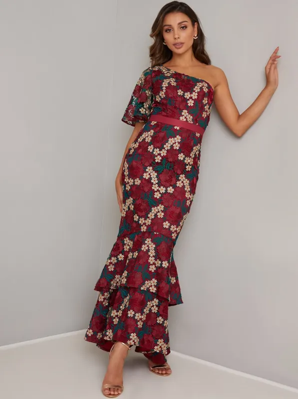 Crochet Bodycon Tiered Frill Maxi Dress in Multi sold by Chi Chi London