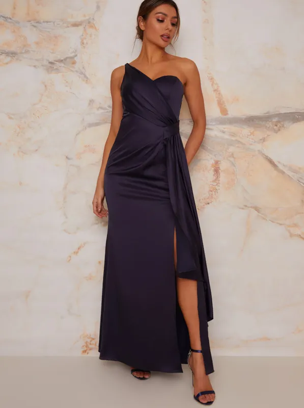 One Shoulder Satin Finish Maxi Dress in Navy sold by Chi Chi London