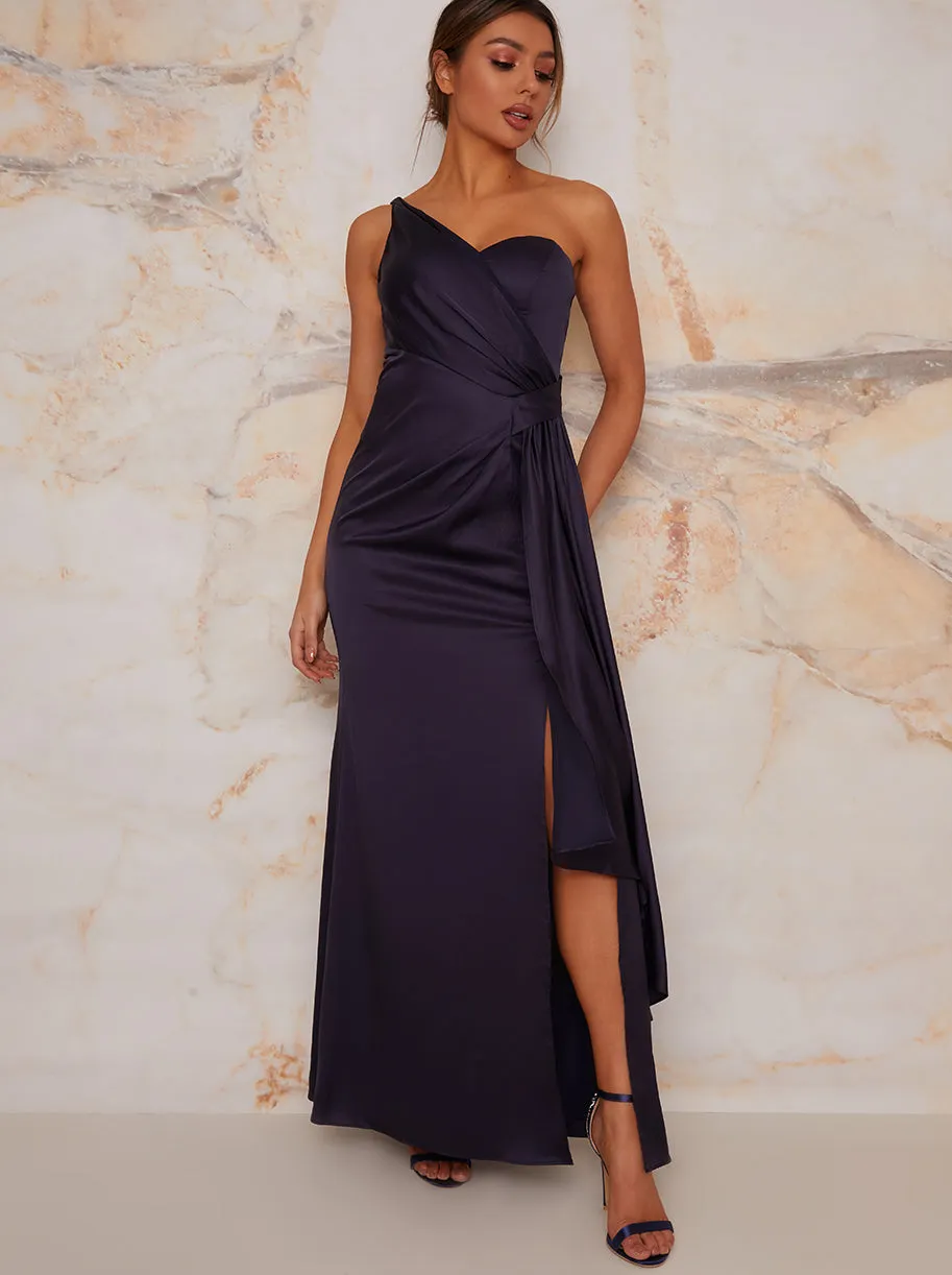 One Shoulder Satin Finish Maxi Dress in Navy sold by Chi Chi London