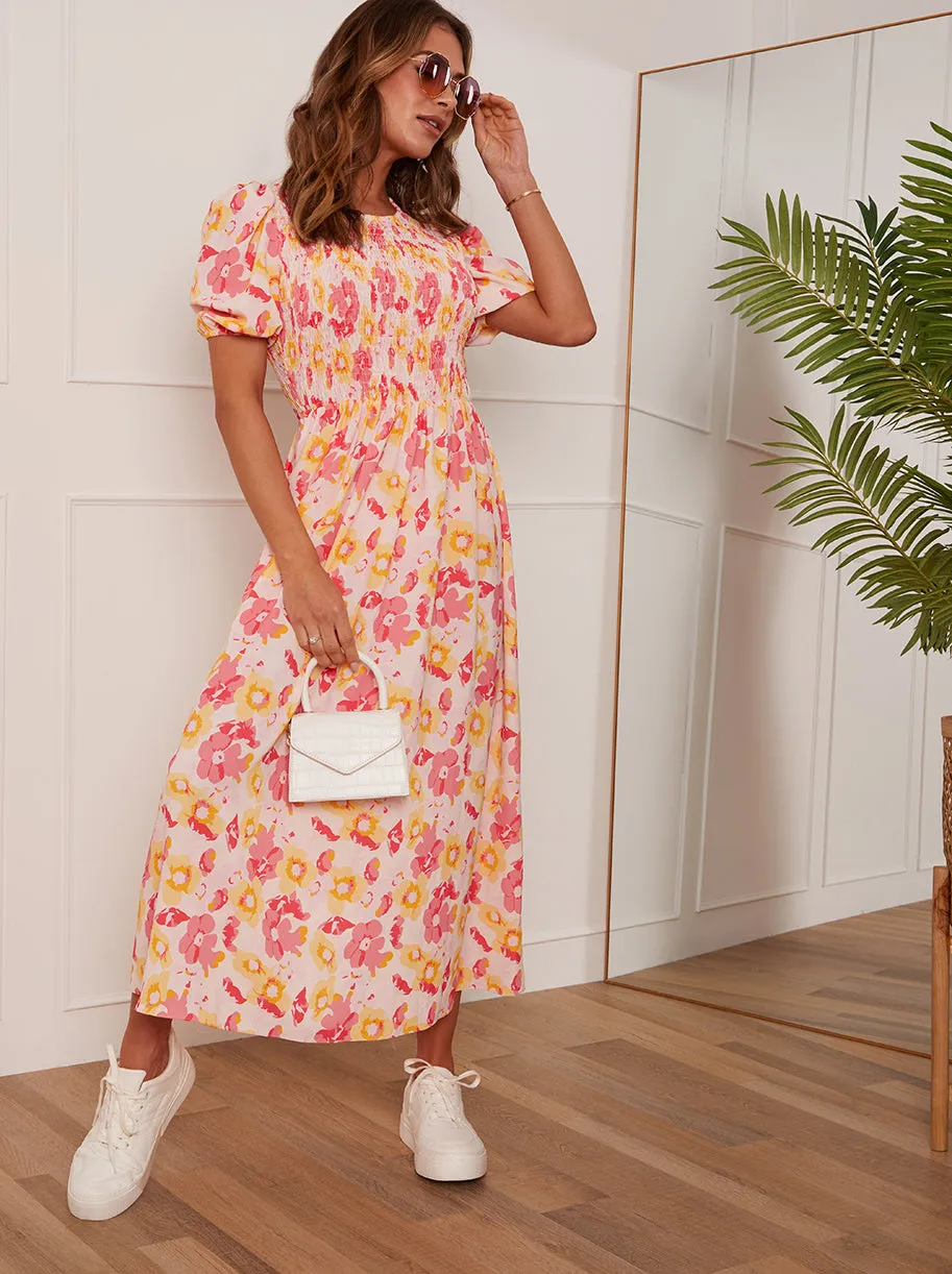 Short Sleeve Floral Shirred Midi Dress in Orange sold by Chi Chi London product image thumbnail 2