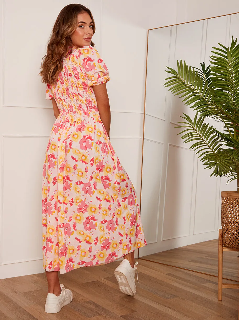 Short Sleeve Floral Shirred Midi Dress in Orange sold by Chi Chi London product image thumbnail 4