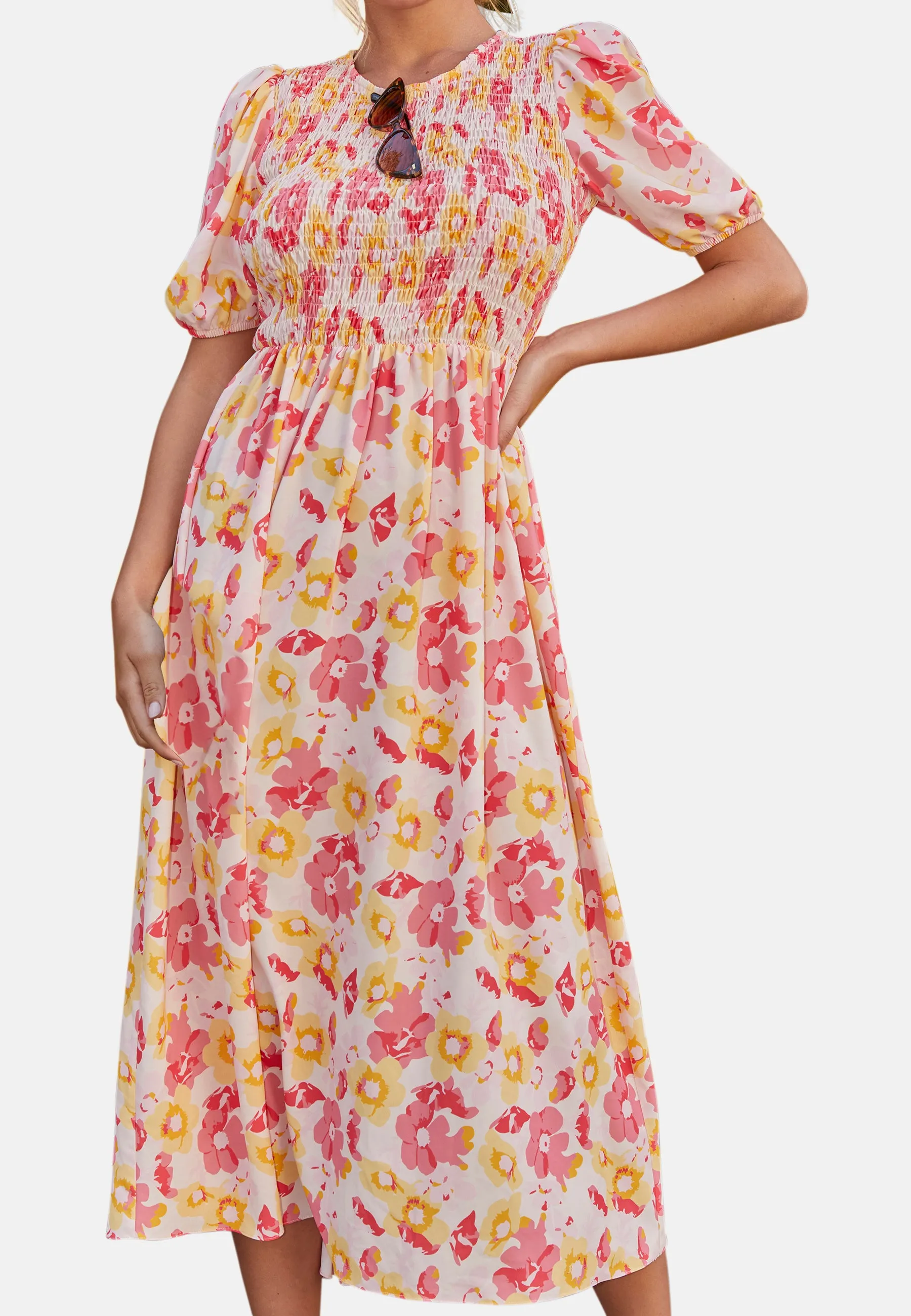 Short Sleeve Floral Shirred Midi Dress in Orange sold by Chi Chi London product image thumbnail 5