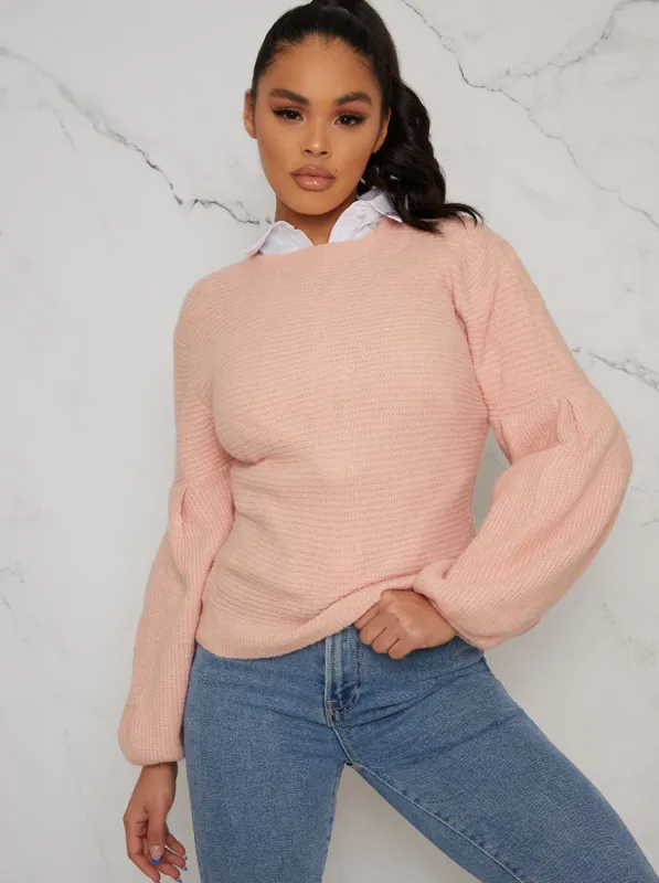 Balloon Sleeved Crew Neck Jumper In Pink sold by Chi Chi London