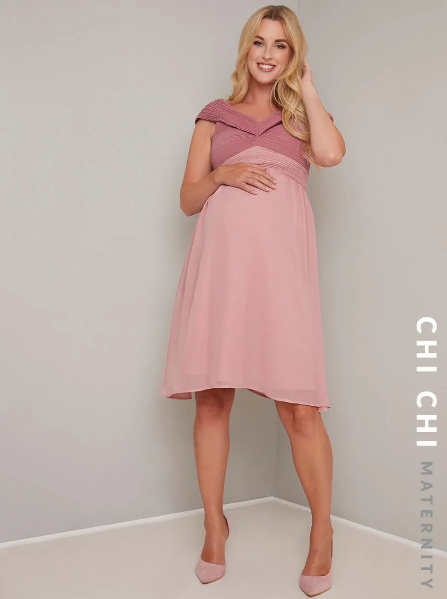 Bardot Chiffon Skirt Midi Maternity Dress in Pink sold by Chi Chi London product image thumbnail 2