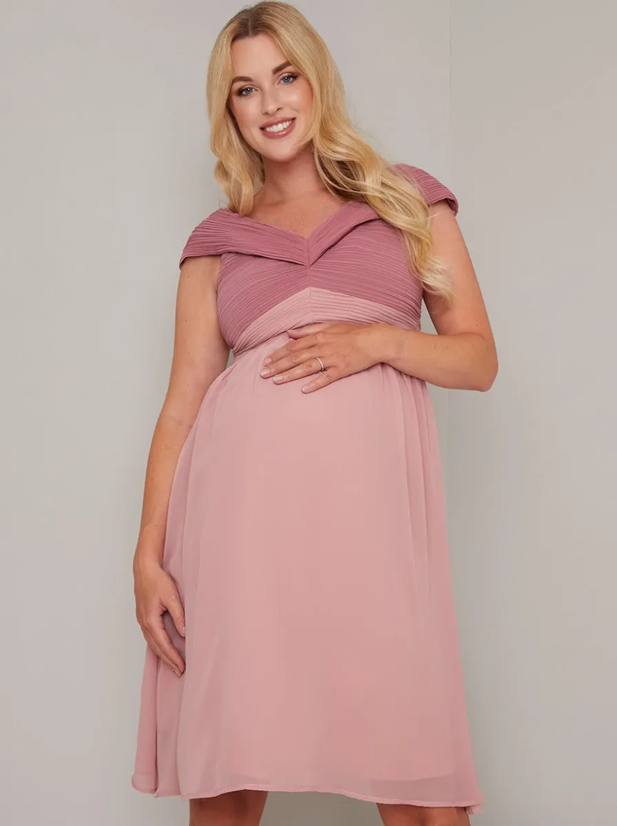 Bardot Chiffon Skirt Midi Maternity Dress in Pink sold by Chi Chi London
