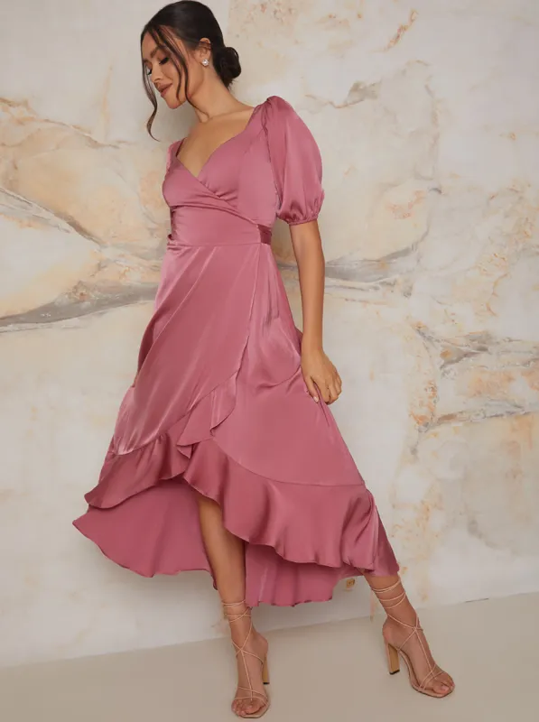 Puff Sleeve Ruffle Detail Midi Dress in Pink sold by Chi Chi London