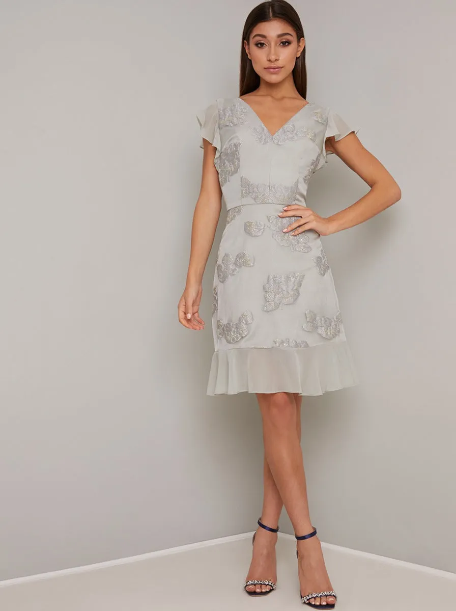 Jacquard Frill Detail Dress In Silver sold by Chi Chi London