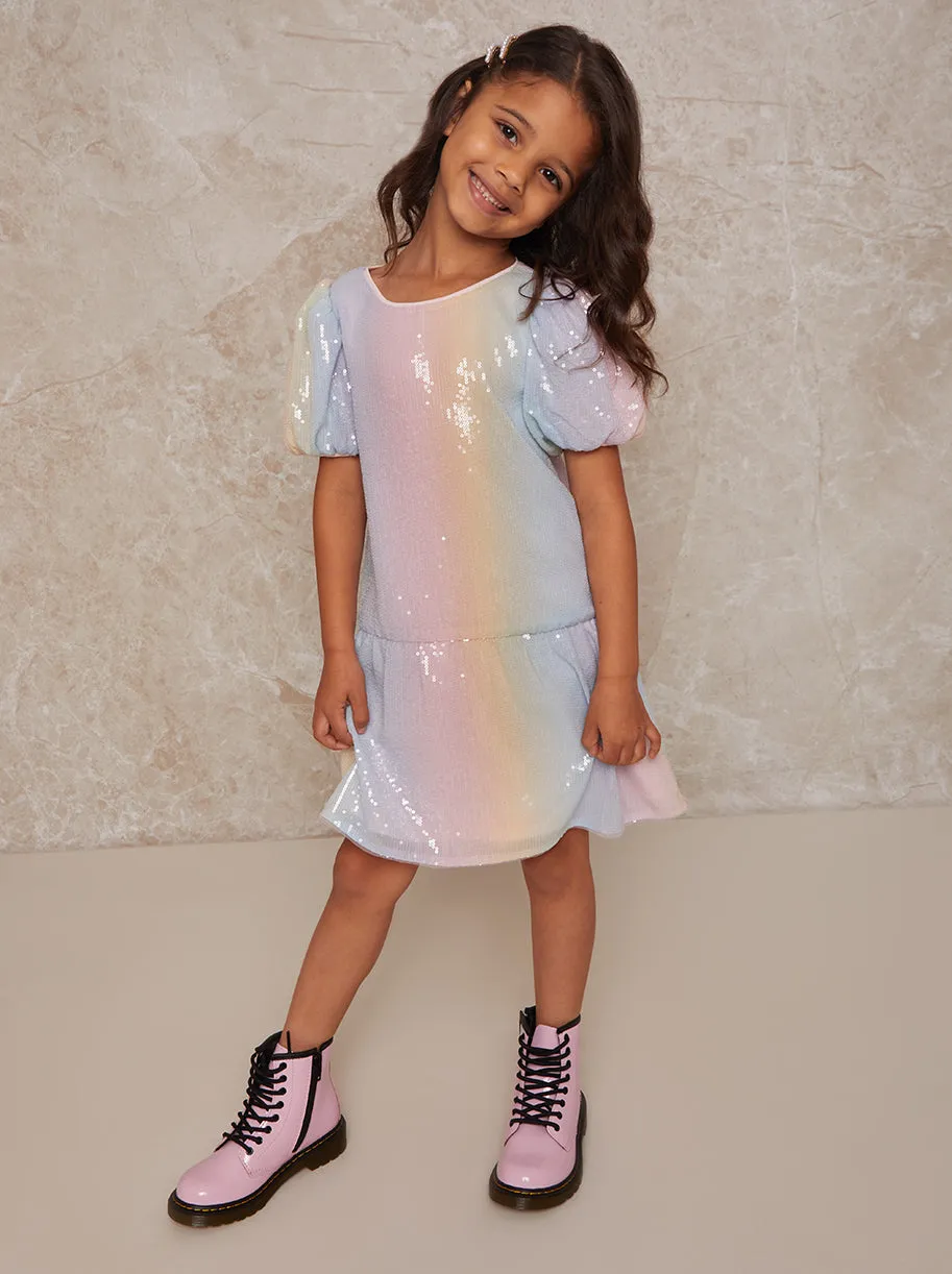 Girls Puff Sleeve Rainbow Sequin Midi Dress in Multi sold by Chi Chi London