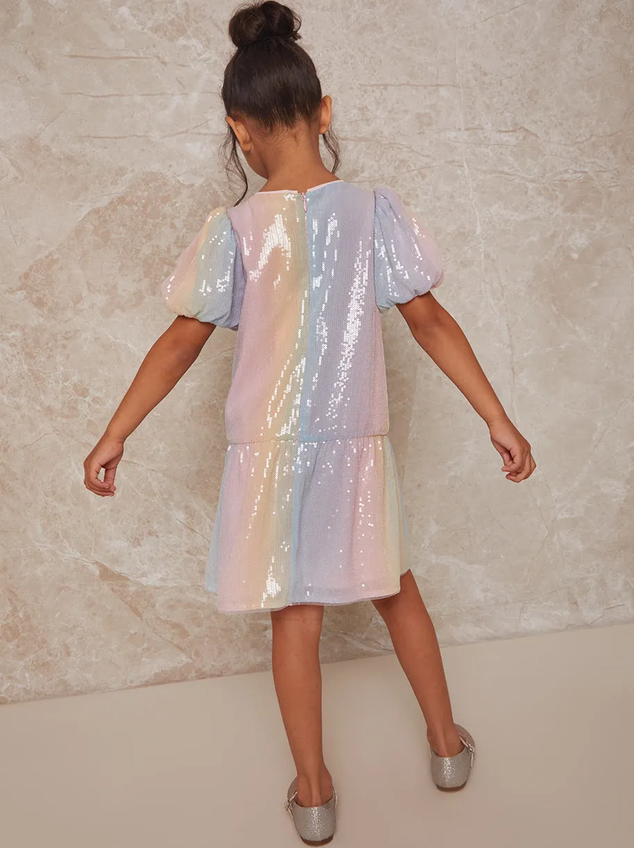 Girls Puff Sleeve Rainbow Sequin Midi Dress in Multi sold by Chi Chi London product image thumbnail 3