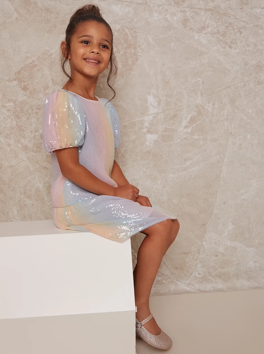 Girls Puff Sleeve Rainbow Sequin Midi Dress in Multi sold by Chi Chi London product image thumbnail 4