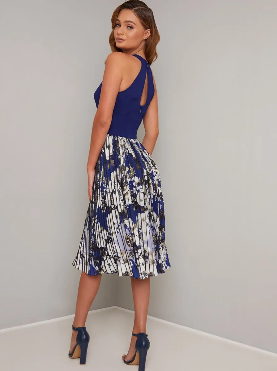 Halterneck Floral Print Pleat Midi Dress in Blue sold by Chi Chi London product image thumbnail 3
