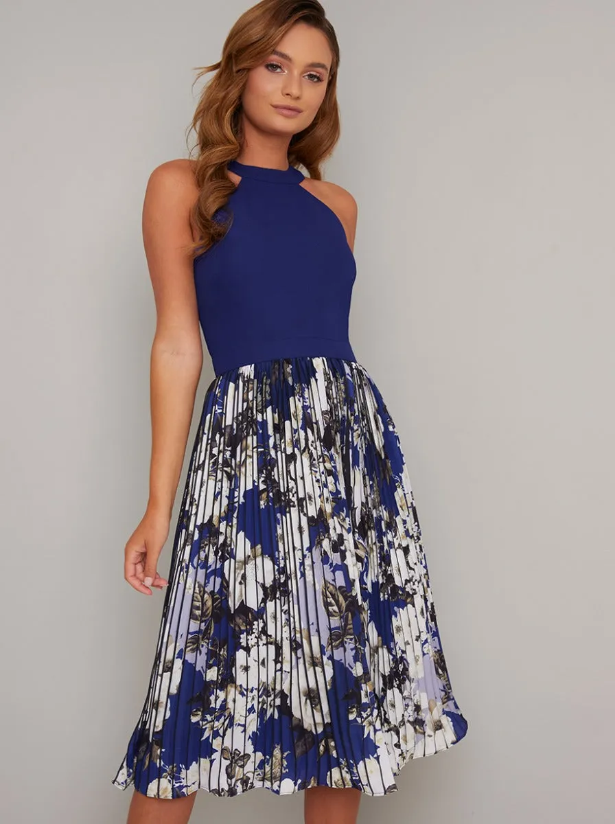 Halterneck Floral Print Pleat Midi Dress in Blue sold by Chi Chi London product image thumbnail 4