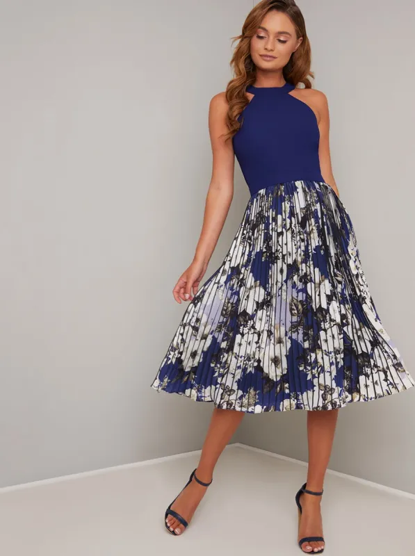 Halterneck Floral Print Pleat Midi Dress in Blue sold by Chi Chi London