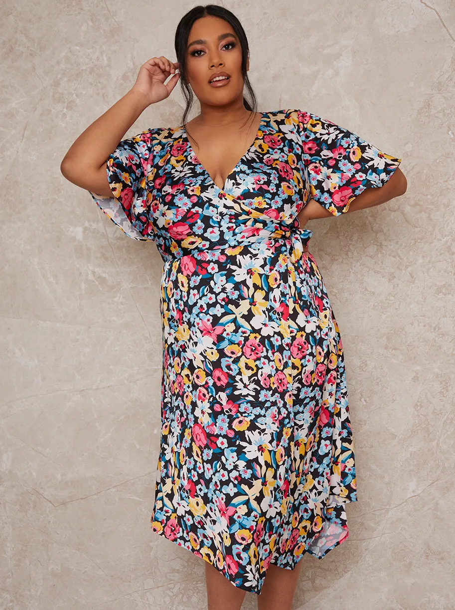 Plus Size Floral Print Midi Wrap Dress in Black sold by Chi Chi London product image thumbnail 2