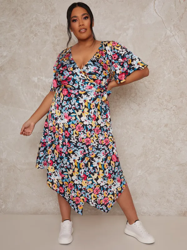 Plus Size Floral Print Midi Wrap Dress in Black sold by Chi Chi London