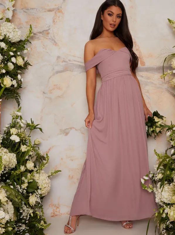 Bardot Off-Shoulder Maxi Dress in Mink sold by Chi Chi London