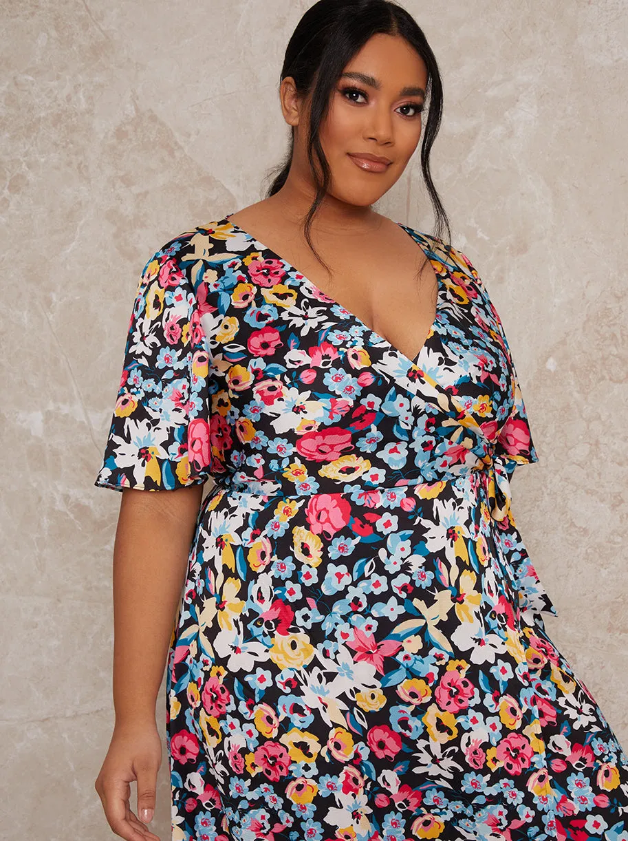 Plus Size Floral Print Midi Wrap Dress in Black sold by Chi Chi London product image thumbnail 3