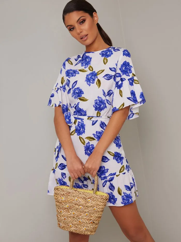 Angel Sleeve Floral Print Mini Dress in Blue sold by Chi Chi London product image thumbnail 2