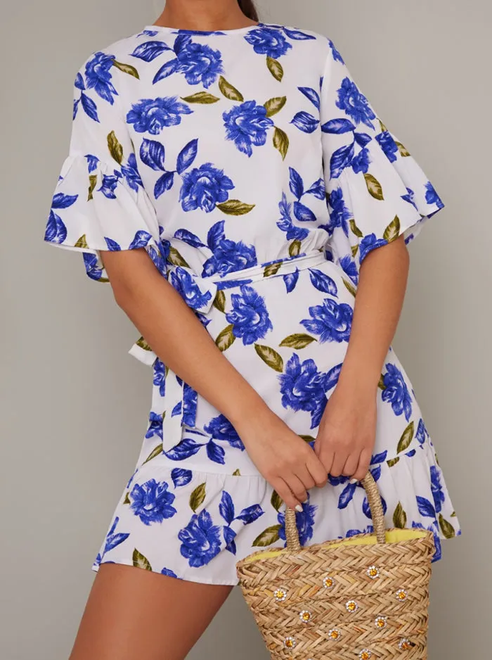 Angel Sleeve Floral Print Mini Dress in Blue sold by Chi Chi London product image thumbnail 3