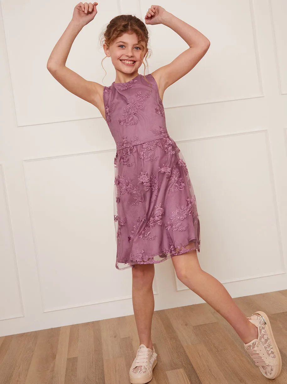 Older Girls Sleeveless Floral Embroidered Midi Dress in Berry sold by Chi Chi London product image thumbnail 3
