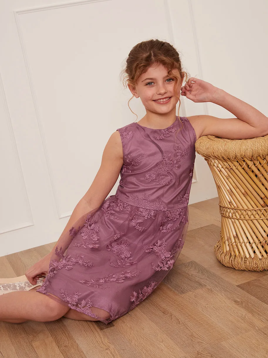 Older Girls Sleeveless Floral Embroidered Midi Dress in Berry sold by Chi Chi London