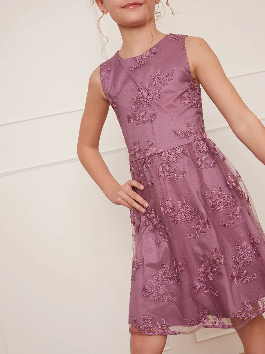 Older Girls Sleeveless Floral Embroidered Midi Dress in Berry sold by Chi Chi London product image thumbnail 4