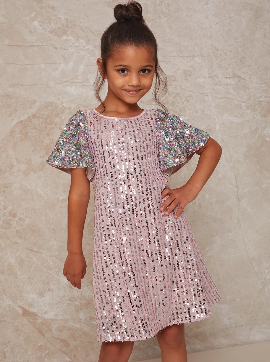 Girls Short Sleeve Sequin Midi Dress in Pink sold by Chi Chi London