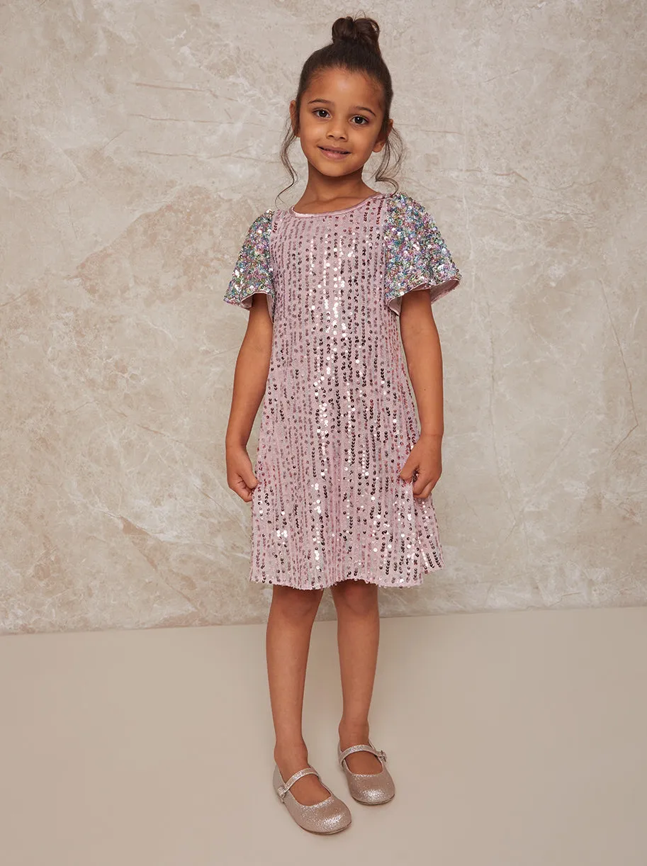 Girls Short Sleeve Sequin Midi Dress in Pink sold by Chi Chi London product image thumbnail 3
