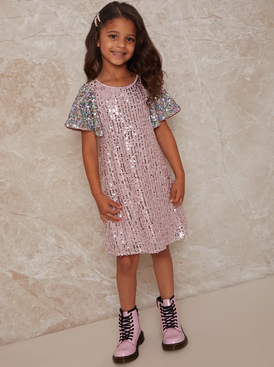Girls Short Sleeve Sequin Midi Dress in Pink sold by Chi Chi London product image thumbnail 4